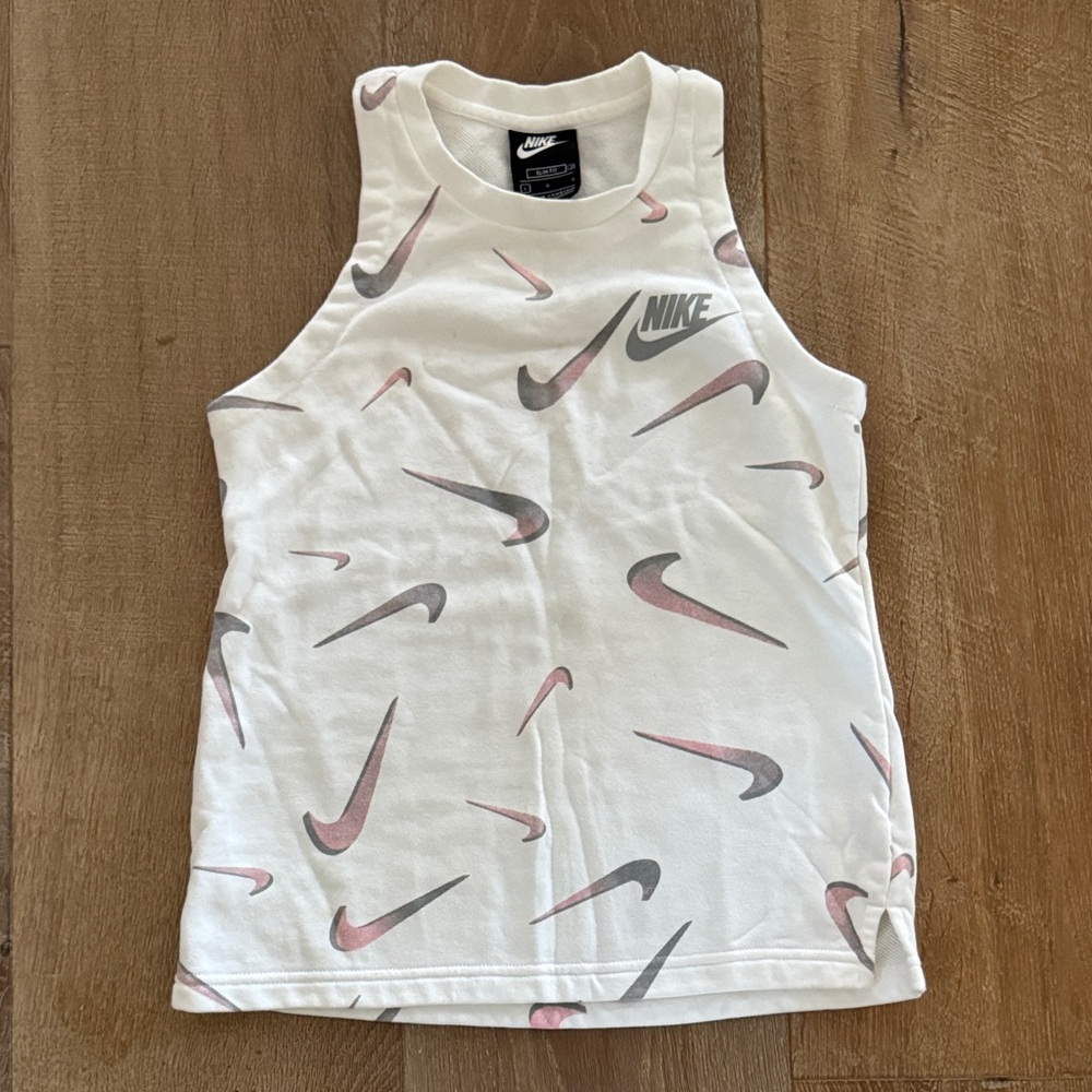 Nike White Tank Top with Pink and Gray Swoosh Pattern
